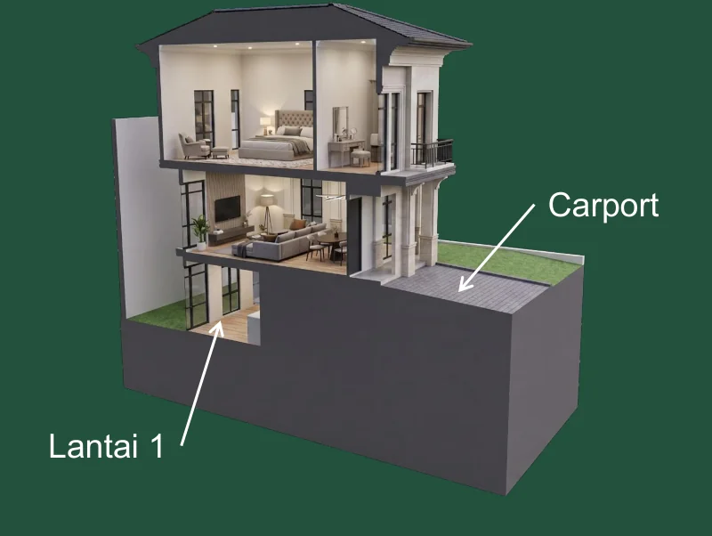 Potongan konsep tipe GREEN The Sherwood Residence — split-level kontur dengan Lantai 1 di bawah level jalan dan carport di level jalan