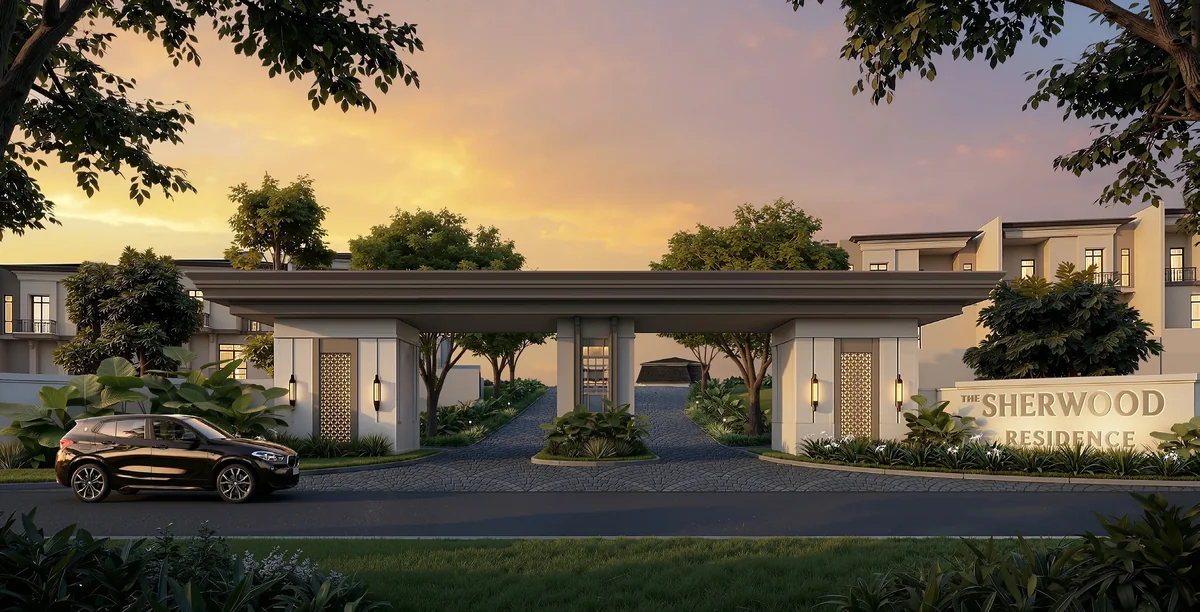 Gerbang cluster The Sherwood Residence dengan signage batu dan guard house