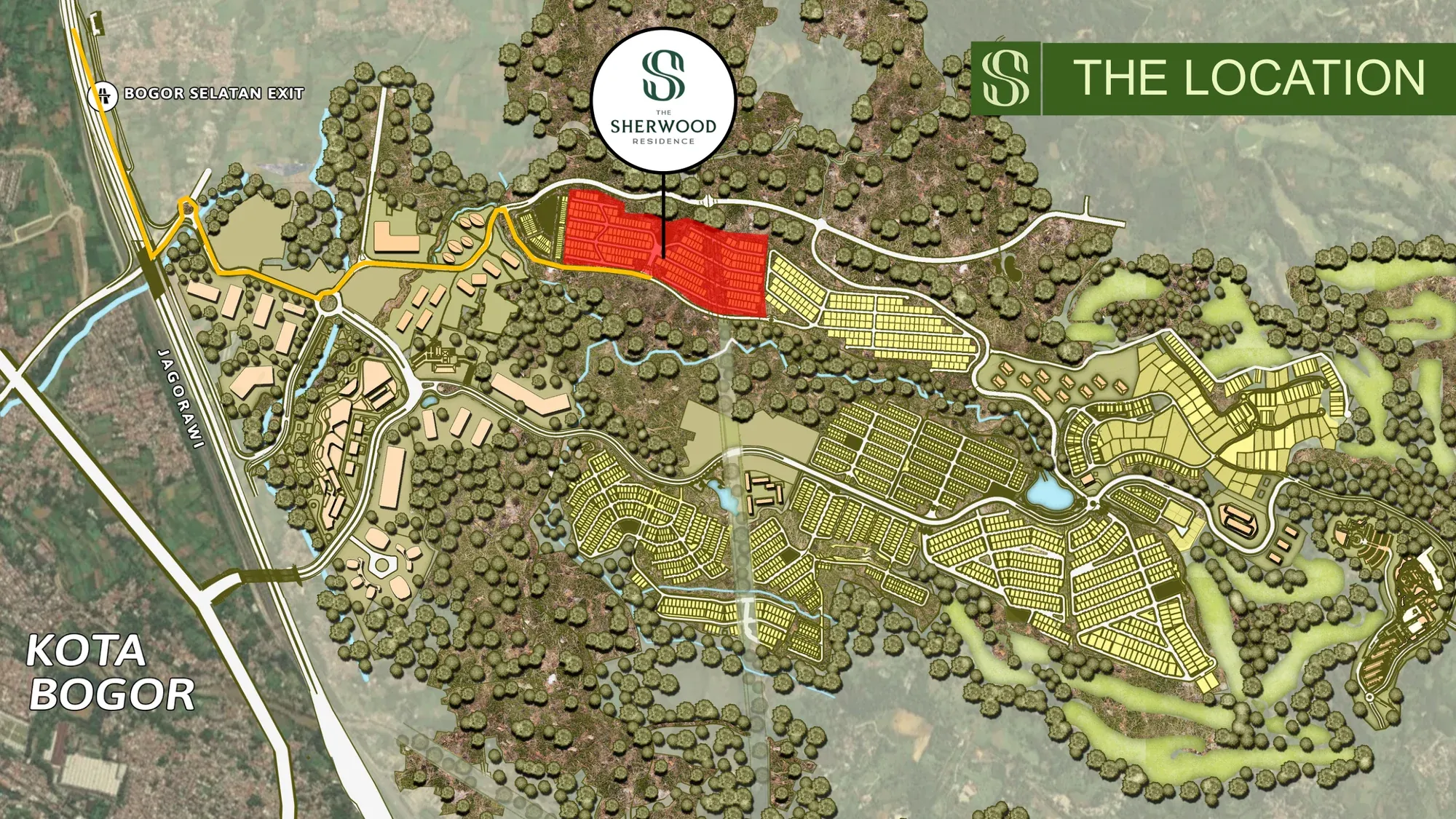 Peta lokasi resmi The Sherwood Residence di masterplan Summarecon Bogor — parcel di pita utara dengan rute akses dari Exit Tol Bogor Selatan Jagorawi