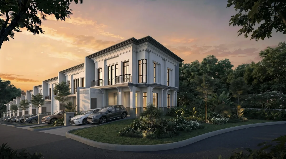Render fasad tipe GREEN Refined Serenity The Sherwood Residence Summarecon Bogor — rumah hoek klasik horizontal