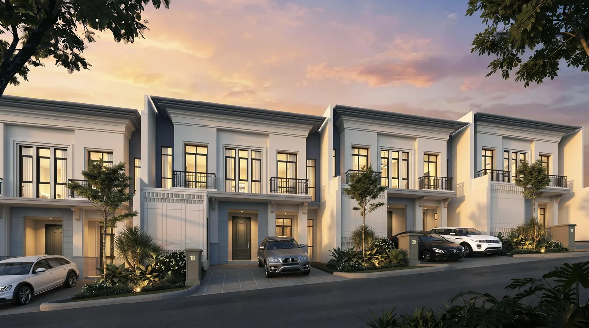 Suasana jalan cluster tipe GREEN The Sherwood Residence Summarecon Bogor saat senja